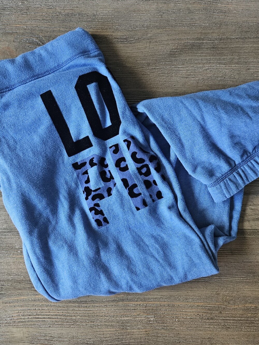 VS PINK 2011 Blue Jogger Bottoms Leopard Love Pink Graphic Sweatpants Sz M